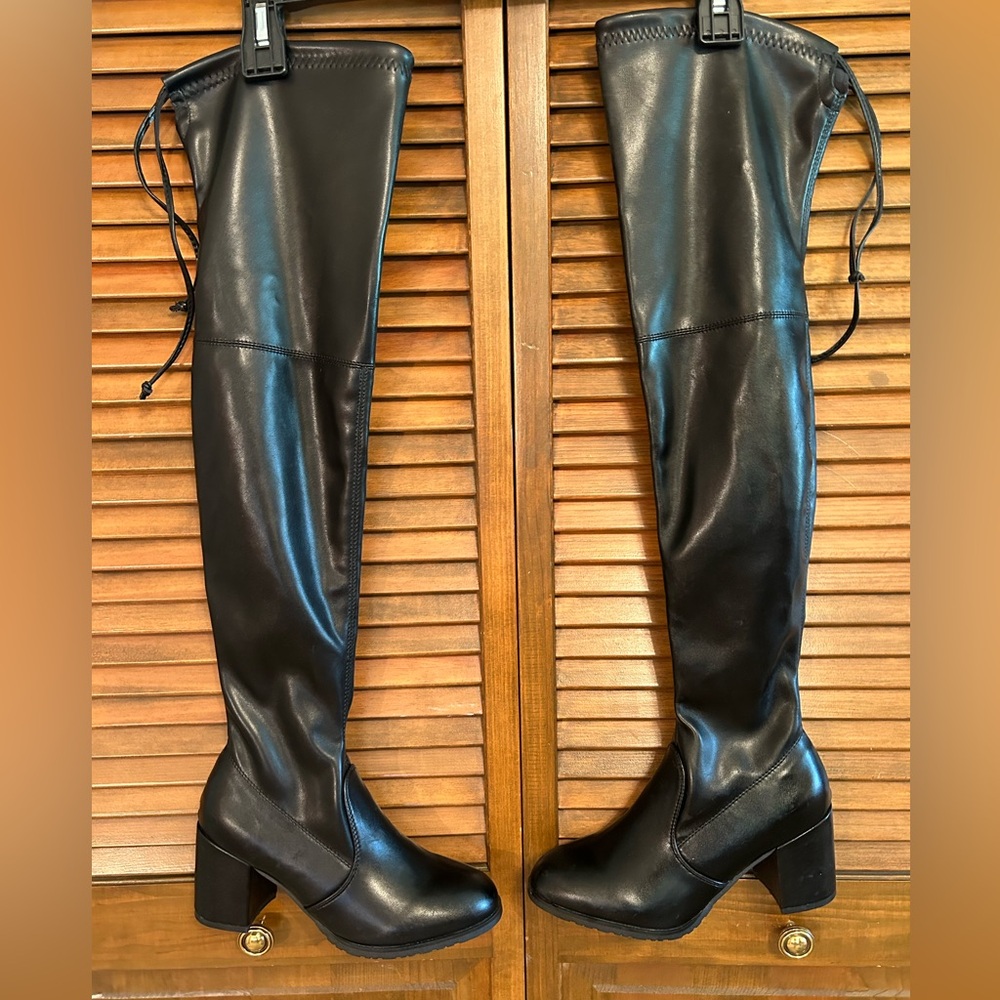 She&In Black Over the Knee Faux Leather Boots, Size 40